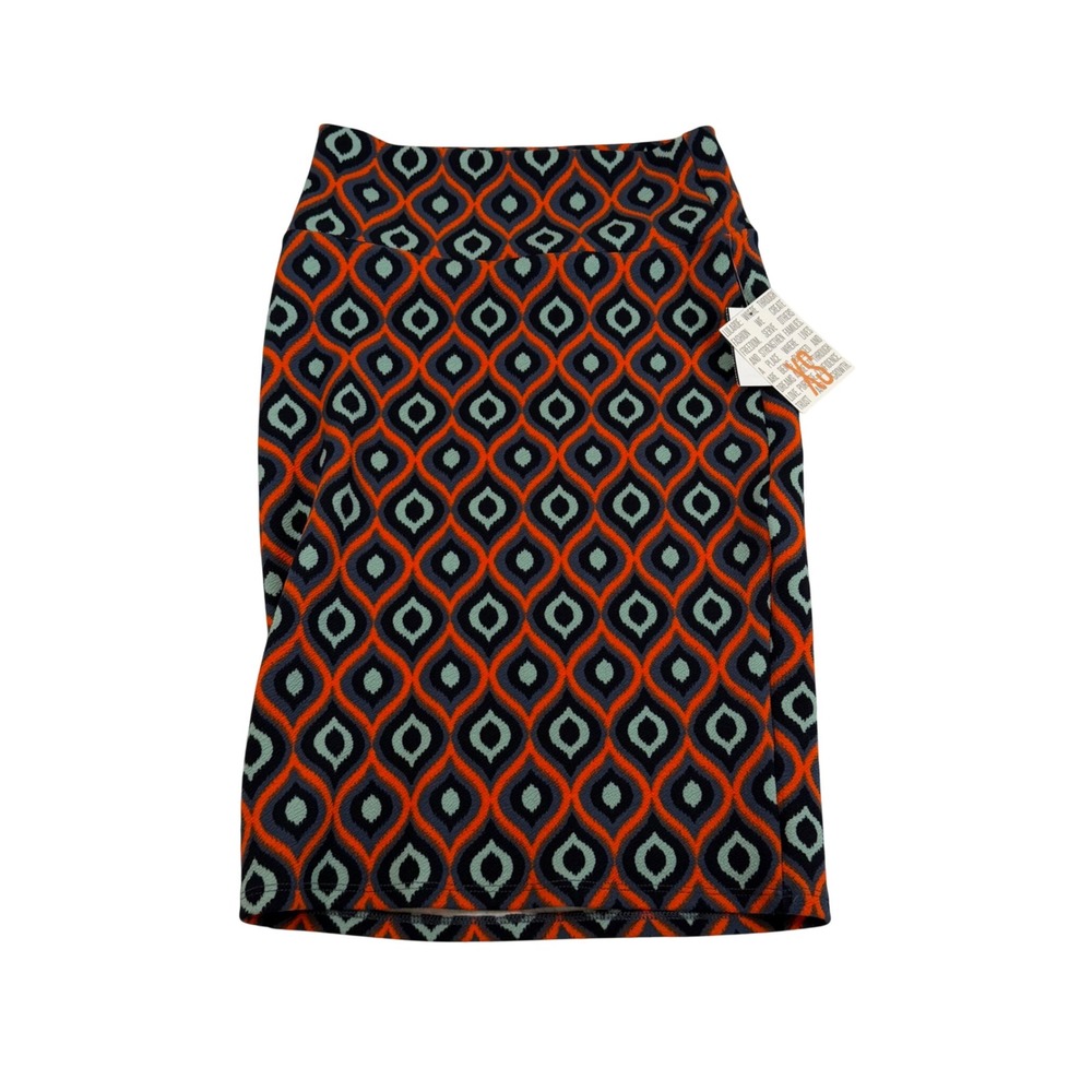 LuLaRoe Cassie Pencil Skirt XS Orange Navy Mint Green Geometric Ogee Knit New
